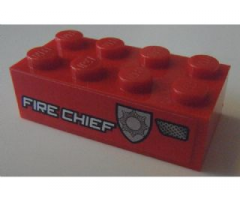 Brick 2 x 4 with White 'FIRE CHIEF' and Silver Badge Pattern Model Right Side (Sticker) - Set 8154