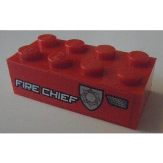 Brick 2 x 4 with White 'FIRE CHIEF' and Silver Badge Pattern Model Right Side (Sticker) - Set 8154