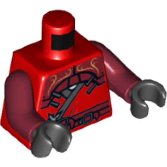 Torso Ninjago Wrap with Shoulder Armor and Belt, Gold Lion on Back Pattern / Dark Red Arms / Black Hands