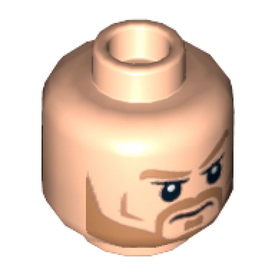 Minifigure, Head Dual Sided Light Brown Eyebrows and Beard, Frown / Angry Pattern - Hollow Stud