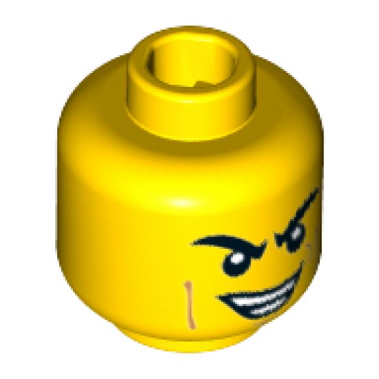 Minifigure, Head Black Eyebrows Furrowed, Cheek and Smirk Lines, Lopsided Smirk with Teeth Pattern - Hollow Stud