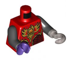 Torso Vest with Dark Red and Gold Armor with Scales and Orange Round Jewel (Fire Chi) Pattern / Black Arms / Dark Purple Hand Right / Flat Silver Hook Left