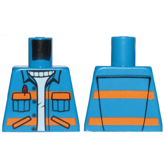 Torso City Jacket with Diagonal Lower Pockets & Pen over Creased Sweater, Orange Stripes Pattern, Printing on Back
