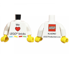 Torso 'We Heart LEGO bricks' Front, LEGO Logo and 'Kladno LEGO Production s.r.o' Back Pattern / White Arms / Yellow Hands