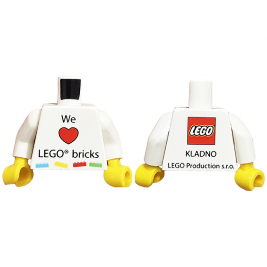 Torso 'We Heart LEGO bricks' Front, LEGO Logo and 'Kladno LEGO Production s.r.o' Back Pattern / White Arms / Yellow Hands
