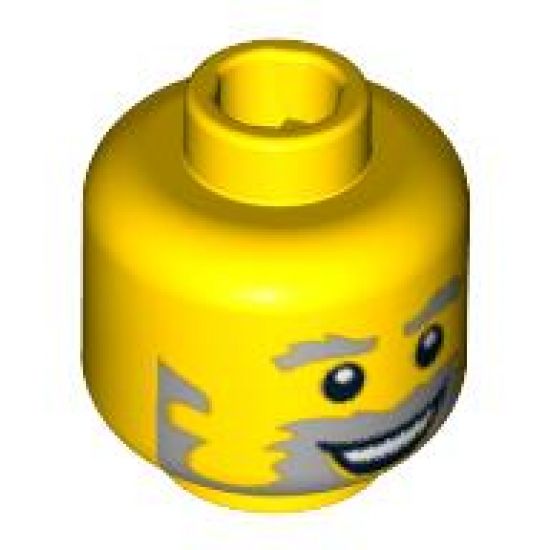 Minifigure, Head Beard Gray with Gray Eyebrows, Sideburns, Wide Open Smile and White Pupils Pattern - Blocked Open Stud