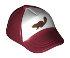 Minifigure, Headgear Cap - Short Curved Bill with Seams and Button on Top and Dark Brown Beaver on White Pattern