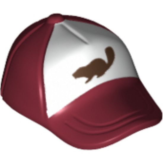 Minifigure, Headgear Cap - Short Curved Bill with Seams and Button on Top and Dark Brown Beaver on White Pattern