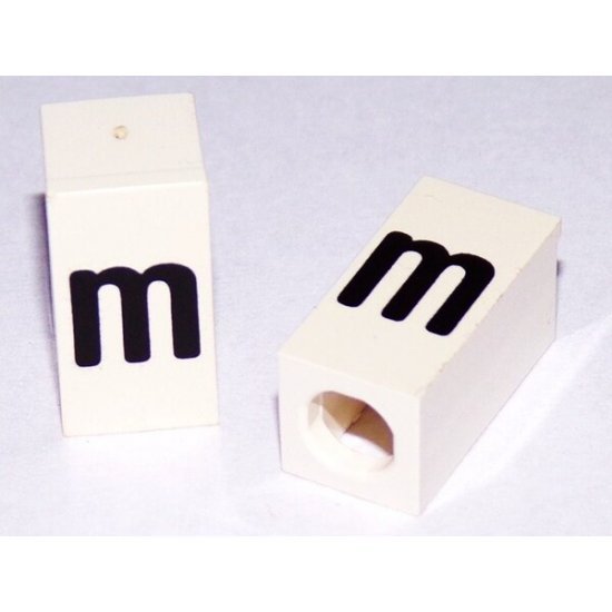 Tile, Modified 1 x 2 x 5/6 with Stud Hole in End and Black 'm' Lower Case Pattern