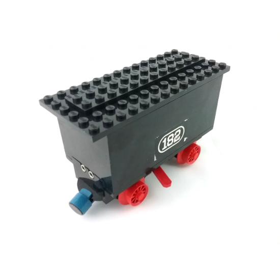 Train Battery Box Car with Two Contact Holes, Red Switch Lever, Blue and Red Magnets, Red Wheels, and Black Roof with '182' Pattern on Both Sides (Stickers) - Set 182