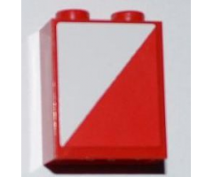 Brick 1 x 2 x 2 with Inside Axle Holder with Red and White Diagonal Halves Pattern Model Left Side (Sticker) - Set 3182