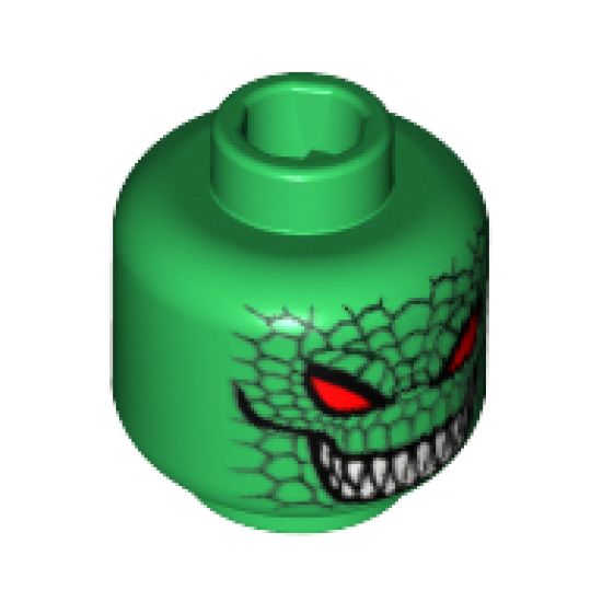 Minifigure, Head Alien with Red Eyes, Grin with Sharp Teeth, Reptile Scales Pattern - Blocked Open Stud
