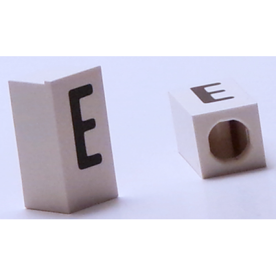 Tile, Modified 1 x 2 x 5/6 with Stud Hole in End and Black 'E' Upper Case Pattern