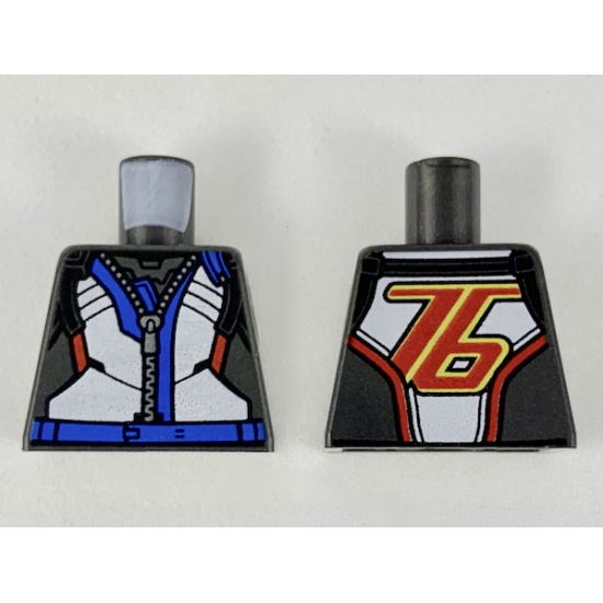 Torso Jumpsuit with White Front Panel, Blue Along Silver Zipper, Red '76' on Back Pattern