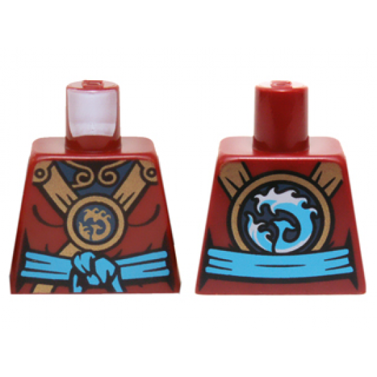 Torso Ninjago Female Outline with Gold Straps, Round Emblem, Dark Azure Knotted Sash and Dark Blue Undershirt Pattern