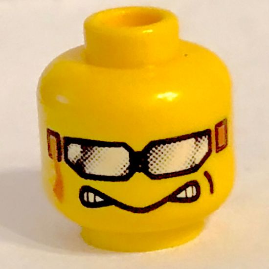 Minifigure, Head Glasses with Silver Sunglasses with Ribbon, Aggravated Grin Pattern - Blocked Open Stud