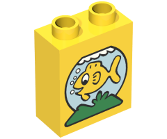 Duplo, Brick 1 x 2 x 2 with Fish Yellow in Blue Bowl Pattern