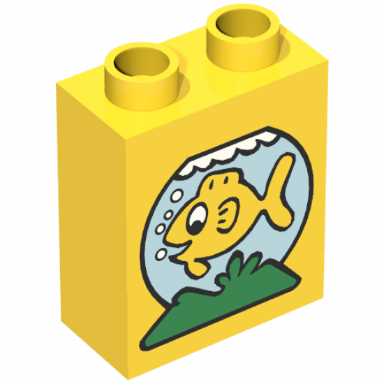 Duplo, Brick 1 x 2 x 2 with Fish Yellow in Blue Bowl Pattern