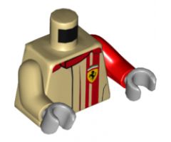 Torso Speed Champions with Ferrari Logo on Front and Back Pattern / Red Arm Left / Tan Arm Right / Light Bluish Gray Hands