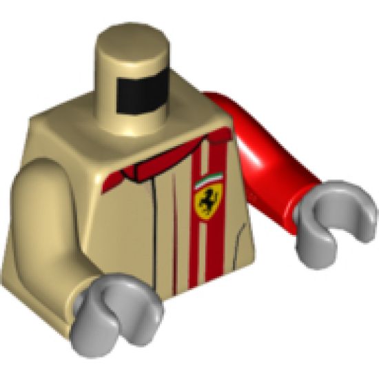 Torso Speed Champions with Ferrari Logo on Front and Back Pattern / Red Arm Left / Tan Arm Right / Light Bluish Gray Hands