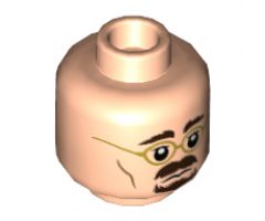Minifigure, Head Dual Sided Gold Glasses, Dark Brown Eyebrows, Moustache, Goatee, Grin / Frown Pattern - Hollow Stud
