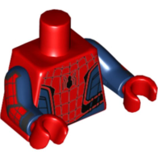 Torso Spider-Man Costume 9 Dark Blue, Small Spider with Wide Abdomen Pattern / Dark Blue Arms with Black and Red Webbing, Chevron Pattern / Red Hands