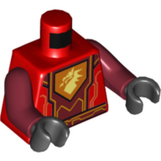 Torso Nexo Knights Armor with Orange / Yellow Circuitry, Dark Red Center Panel, Dragon Head on Pentagonal Shield Pattern / Dark Red Arms / Black Hands