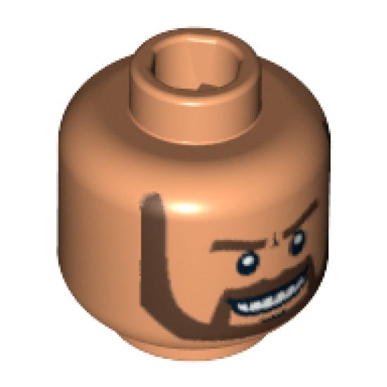Minifigure, Head Beard Dark Brown, White Pupils and Grin with Teeth Pattern - Blocked Open Stud