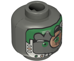 Minifigure, Head Alien with Green Hair, Copper Eyepiece and Headset Pattern - Blocked Open Stud
