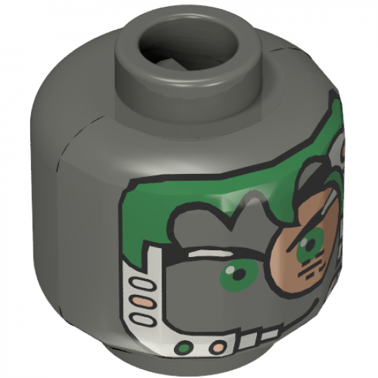 Minifigure, Head Alien with Green Hair, Copper Eyepiece and Headset Pattern - Blocked Open Stud