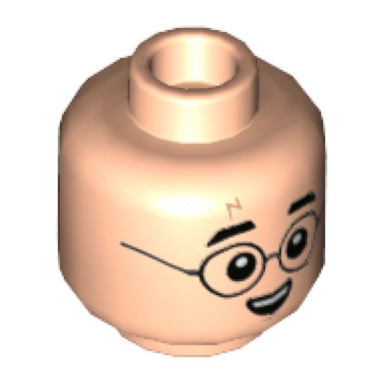 Minifigure, Head Dual Sided Glasses, Black Eyebrows, Lightning Bolt Scar, Grin / Broken Glasses Dirty Face Pattern - Hollow Stud