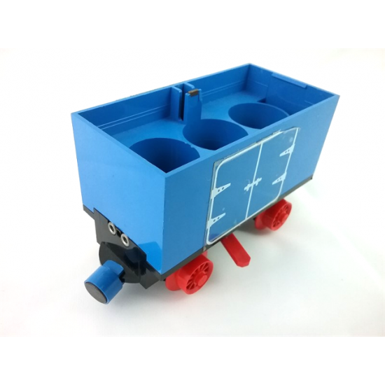 Train Battery Box Car with Three Contact Holes, Red Switch Lever, Blue and Red Magnets, and Red Wheels with Hinged Doors Pattern on Both Sides (Stickers) - Set 7720