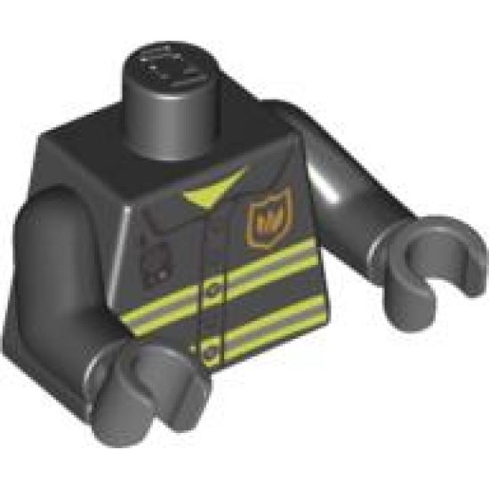 Torso Fire Uniform Badge and Stripes Pattern with Radio / Black Arms / Dark Bluish Gray Hands