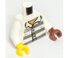 Torso Town Prisoner Number 86753, Dark Bluish Gray Stripes, Buttons, Dark Tan Undershirt Pattern / White Arms / Reddish Brown Hand Left / Yellow Hand Right