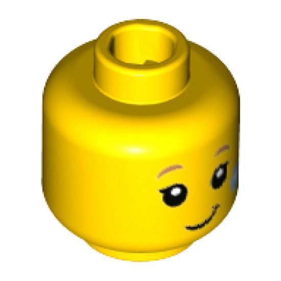 Minifigure, Head Child with Dark Tan Eyebrows, Black Eyes and Eyelashes, Lopsided Grin, Bright Light Blue Flower on Cheek Pattern - Hollow Stud