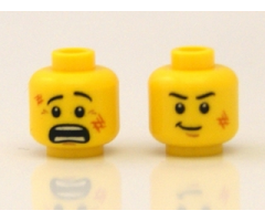 Minifigure, Head Dual Sided Black Eyebrows, White Pupils, Scratches, Determined / Scared Pattern - Blocked Open Stud