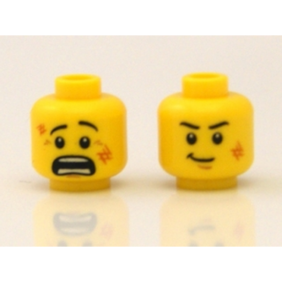 Minifigure, Head Dual Sided Black Eyebrows, White Pupils, Scratches, Determined / Scared Pattern - Blocked Open Stud