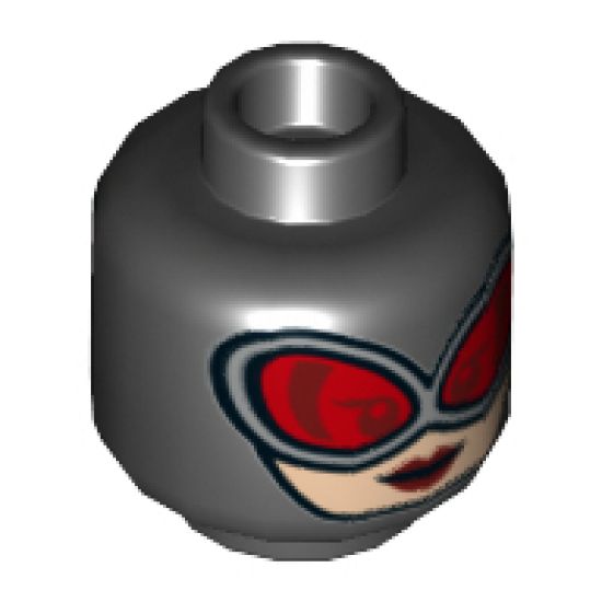 Minifigure, Head Dual Sided Female Balaclava, Large Red Goggles, Light Nougat Face, Red Lips, Neutral / Gritted Teeth Pattern - Hollow Stud
