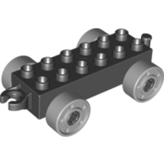 Duplo, Vehicle Car Base 2 x 6 with Light Bluish Gray Wheels with Fake Bolts and Open Hitch End