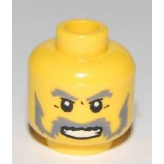 Minifigure, Head Moustache Handlebar and Sideburns Dark Bluish Gray, White Pupils, Teeth Pattern - Blocked Open Stud
