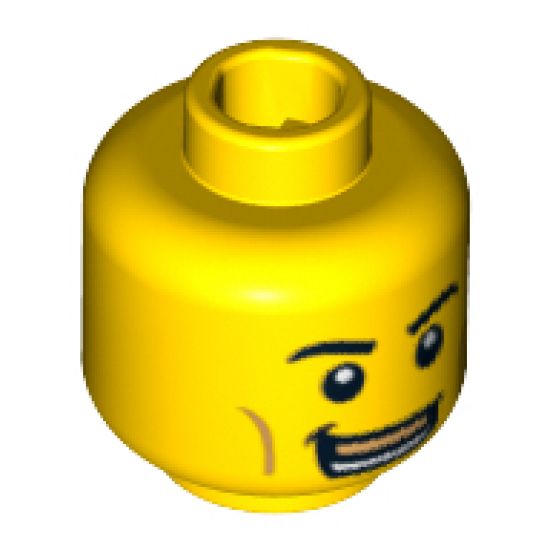 Minifigure, Head Dual Sided Black Eyebrows, Wrinkled Mouth, Blue Black Eye / Confident Grin, Medium Blue Mouthpiece Pattern - Hollow Stud