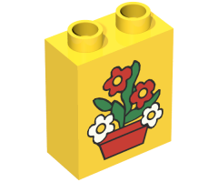 Duplo, Brick 1 x 2 x 2 with Red Flowers in Red Pot Pattern