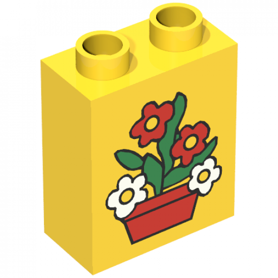 Duplo, Brick 1 x 2 x 2 with Red Flowers in Red Pot Pattern