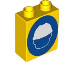 Duplo, Brick 1 x 2 x 2 with Head in Construction Helmet on Blue Circle Pattern