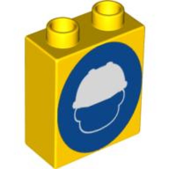 Duplo, Brick 1 x 2 x 2 with Head in Construction Helmet on Blue Circle Pattern