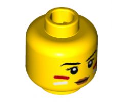 Minifigure, Head Female Black Eyebrows, Dark Orange Lips and Red and White Face Paint Pattern - Hollow Stud