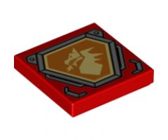 Tile 2 x 2 with Bright Light Yellow Dragon Head on Orange Hexagonal Shield with Silver Border Pattern