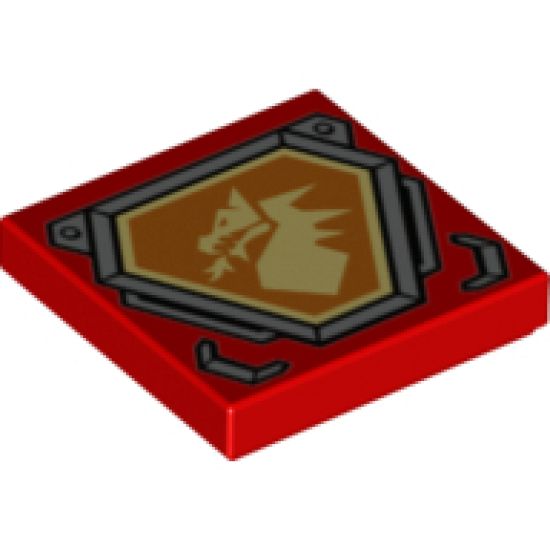 Tile 2 x 2 with Bright Light Yellow Dragon Head on Orange Hexagonal Shield with Silver Border Pattern