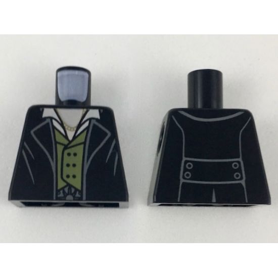 Torso Coat with Lapels, Gold Necklace, White Collar, Olive Green Vest Pattern