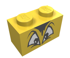 Brick 1 x 2 with Black and White Squinting Eyes and Hair Pattern